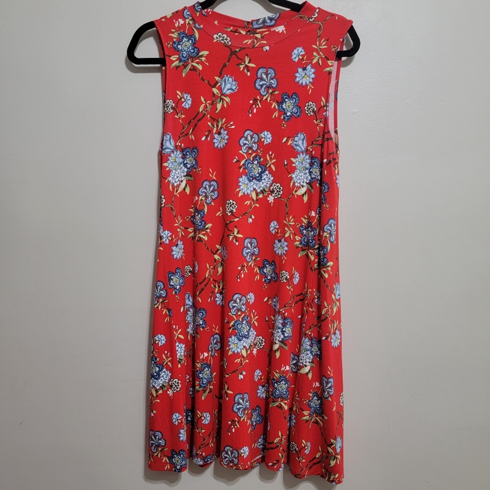 LOFT Vine Neck Mock Swing Dress Red Floral Medium Petite - Picture 2 of 8